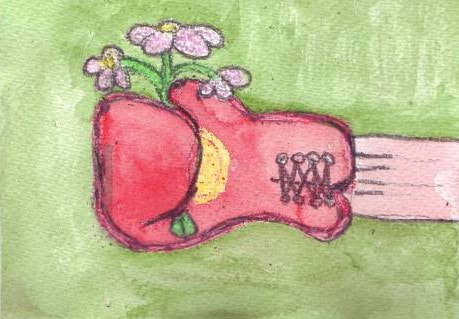Cartoon painting of clenched boxing fist holding flower