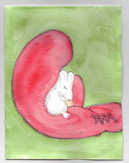 Cartoon like painting of cute animal cuddling in a boxing glove