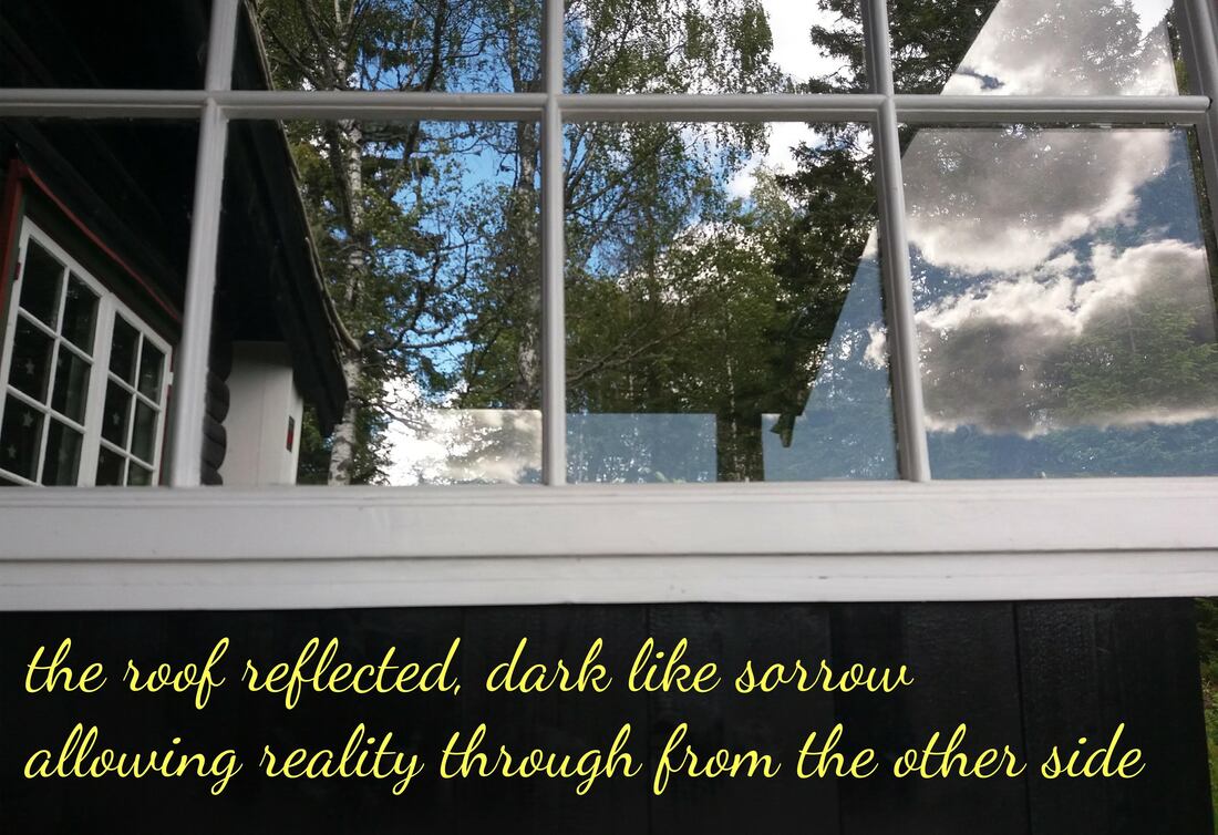 Photo of forest through window, with reflections of the sky. Text: the roof reflected, dark like sorrow
allowing reality through from the other side