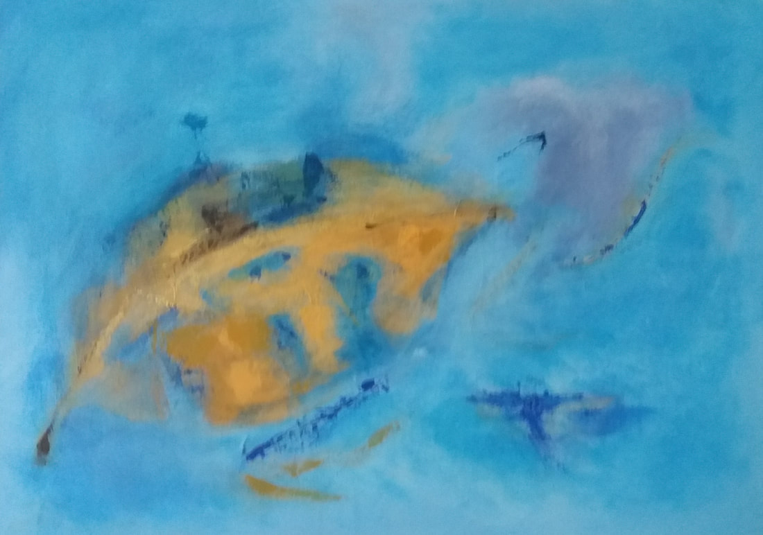 Abstrakt maleri med lys blå bakgrunn og gul bladformet figur