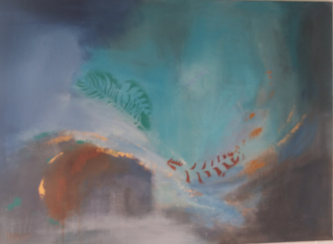 Abstrakt maleri med pillignende former i vinden mellom skyene