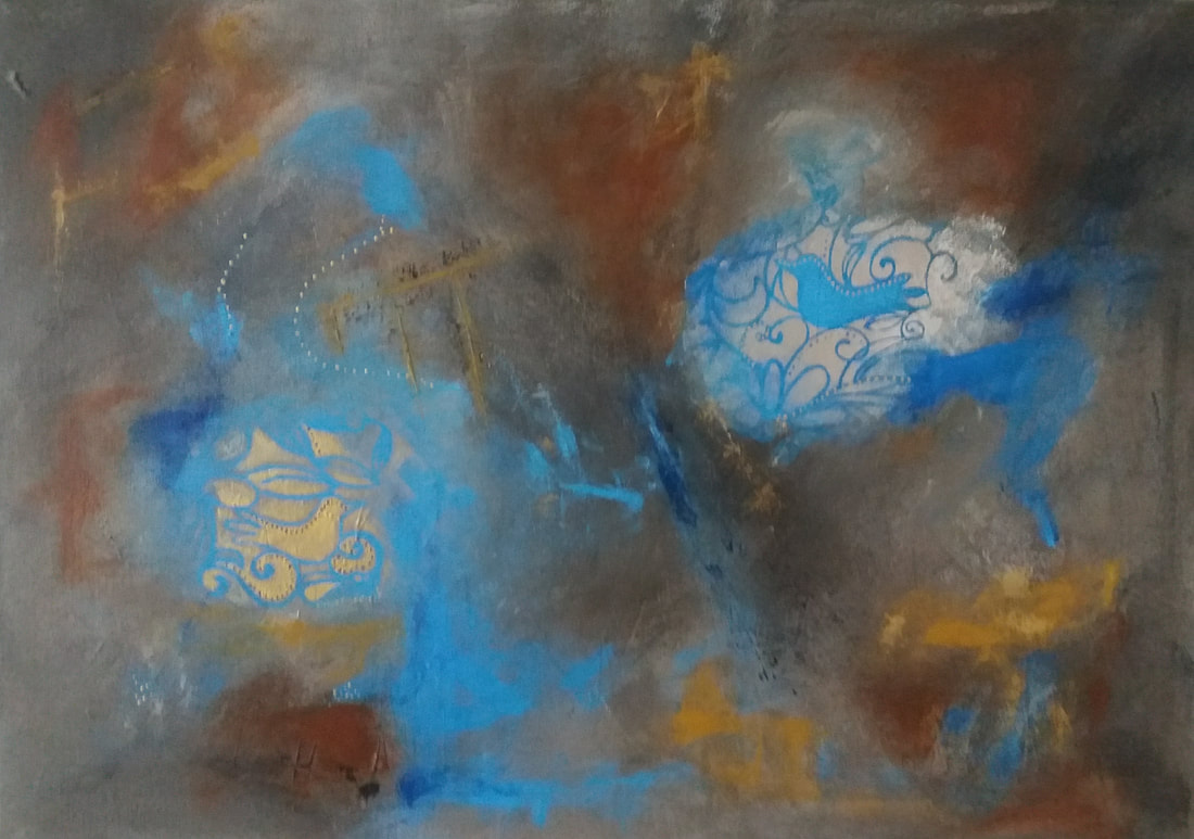Abstrakt maleri med fugler og fargespill i brunt og blått