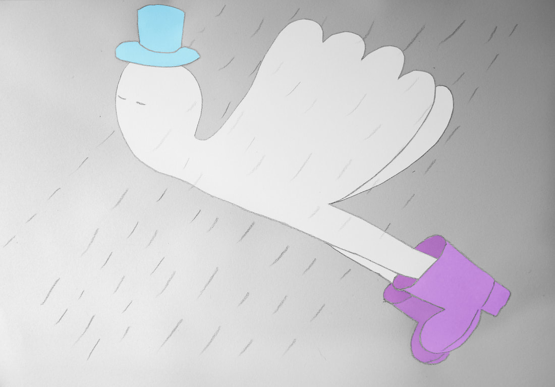Angel flies through the rain wearing a blue hat, symbolising calmness, and purple boots symbolising compassion.