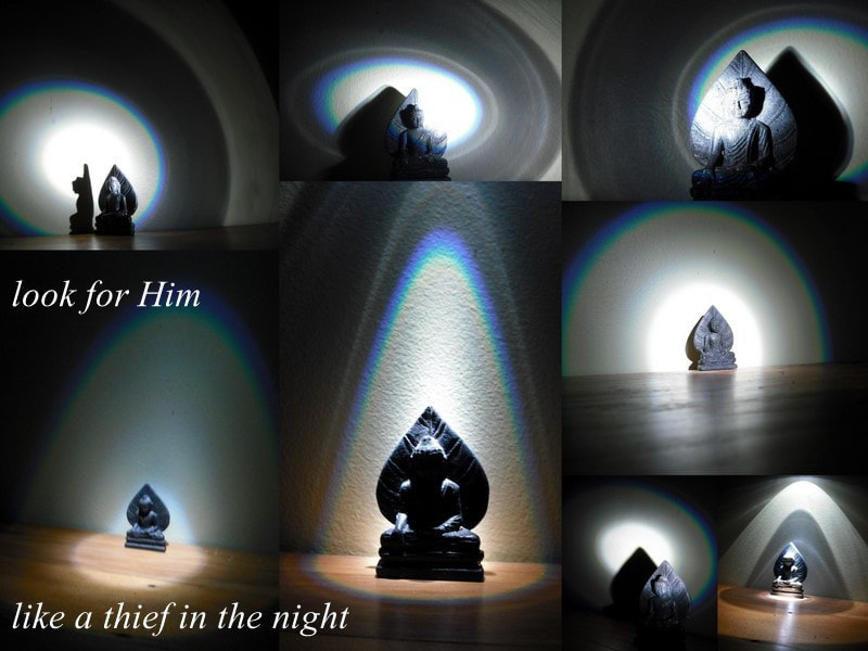 Various dark photos of small Buddha statues in light, "look for him like a thief in the night"